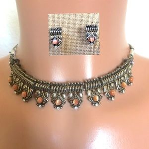 NWOT Silver-toned and tigereye coral necklace & earring set
